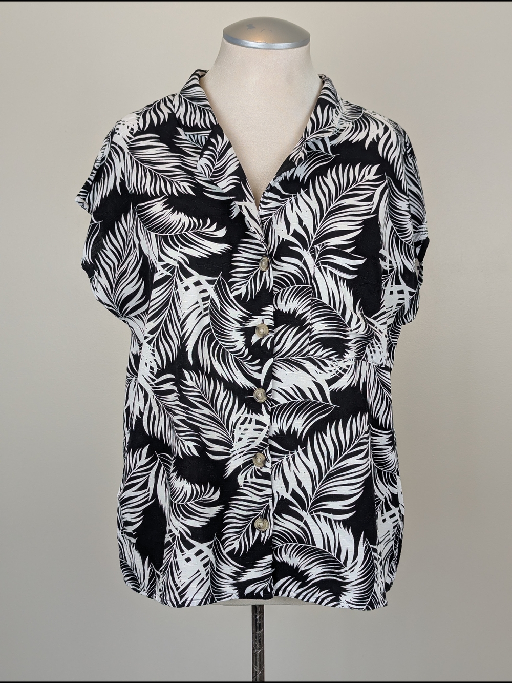 Lily Morgan Black & White Palm-Leaf Resortwear Button-Down Shirt Women's L